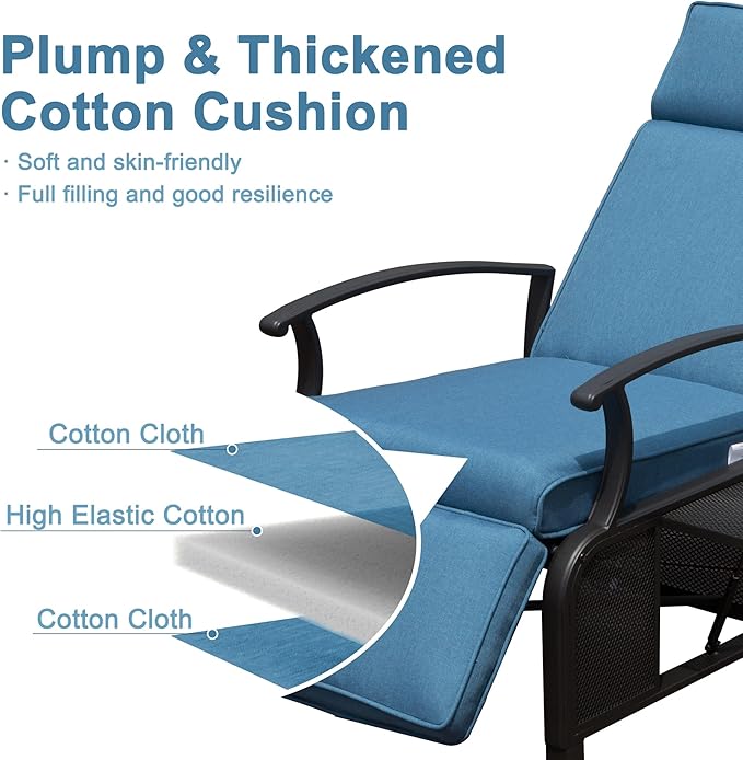 Domi Adjustable Patio Recliner Chair Metal Outdoor Lounge Chair with Flip Table Push Back, Adjustable Angle, Removable Cushions, Support 350lbs, Navy Blue