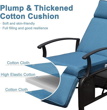 Domi Adjustable Patio Recliner Chair Metal Outdoor Lounge Chair with Flip Table Push Back, Adjustable Angle, Removable Cushions, Support 350lbs, Navy Blue