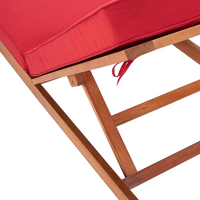 SAFAVIEH Outdoor Collection Solano Natural Brown Solid Wood/Red Cushion Patio Adjustable Chaise Lounge Chair (PAT7024R)