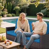 Rattan Outdoor Sofa 3-Seater - PE Woven Patio Couch with Waterproof Blue Cushions, Heavy-Duty Steel Frame for Garden - Photo 4
