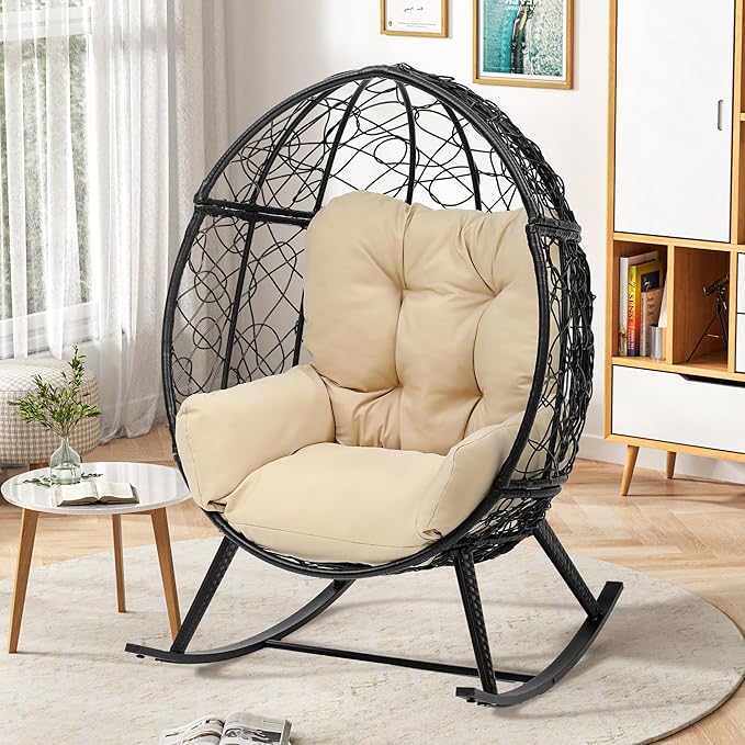 YITAHOME Outdoor Rocking Egg Chair with Cushioned Comfort, Wicker Patio Rocker 250lb Capacity, Anti-Slip, All-Weather Resilient Rattan Design for Indoor & Outdoor Relaxation Spaces, Beige