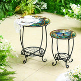 2 Pcs Outdoor Side Table Small Patio Round Mosaic Accent End Table Indoor Plant Metal Coffee Tea Tables for Patio Yard - Photo 4