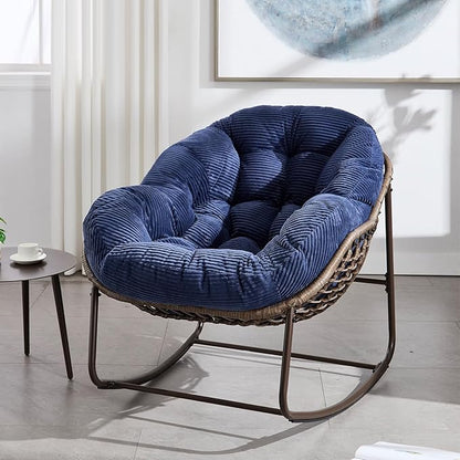 Large Indoor Rocking Chair, Oversized Rocking Papasan Chair with Thick Cushion and Frame,Comfy Corduroy Rocker Wicker Egg Chairs Lounge Reading Chair for Living Room, Bedroom, Apartment,Navy Blue