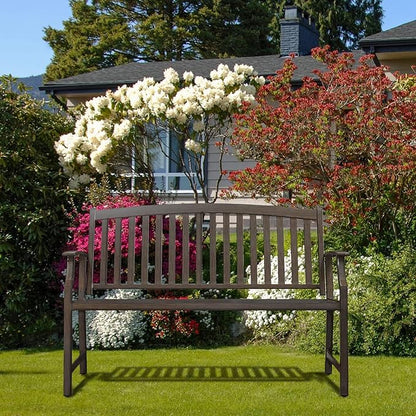 Grand patio 52" Farmhouse Outdoor Bench, Garden Benches with Rust Free Metal Powder Coated Frame and Aluminum Backrest, Faux Wood Grain Finish Frame Patio Bench for Front Porch, Northwoods Brown