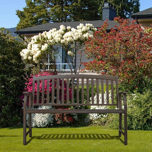 Grand patio 52" Farmhouse Outdoor Bench, Garden Benches with Rust Free Metal Powder Coated Frame and Aluminum Backrest, Faux Wood Grain Finish Frame Patio Bench for Front Porch, Northwoods Brown