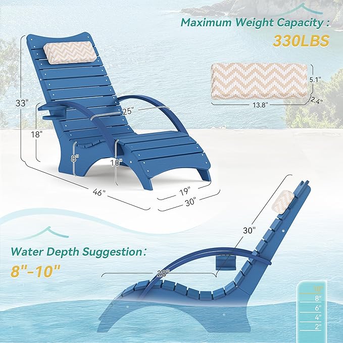 Pool Lounge Chairs, Shallow Water 8-10 Inches Deep, HDPS Fade Resistant Pool Tanning Chair with Armrest, Cup Holder - Photo 2