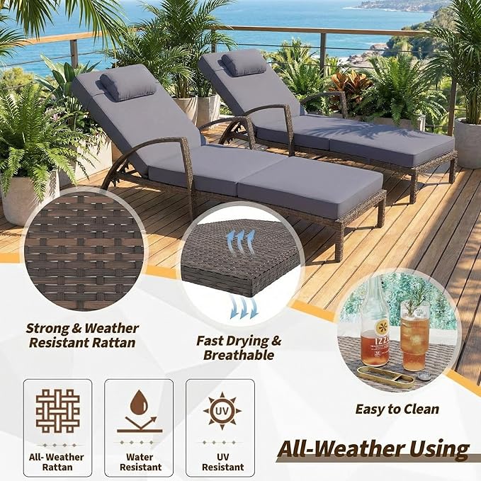 GarveeHome Outdoor Chaise Lounge Set of 2, Weather-Resistant PE Rattan Recliners with 5 Adjustable Positions, Wheels, Armrests, Cushions & Pillows, Collapsible for Poolside, Deck, Blue Cushion