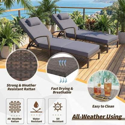 GarveeHome Outdoor Chaise Lounge Set of 2, Weather-Resistant PE Rattan Recliners with 5 Adjustable Positions, Wheels, Armrests, Cushions & Pillows, Collapsible for Poolside, Deck, Blue Cushion