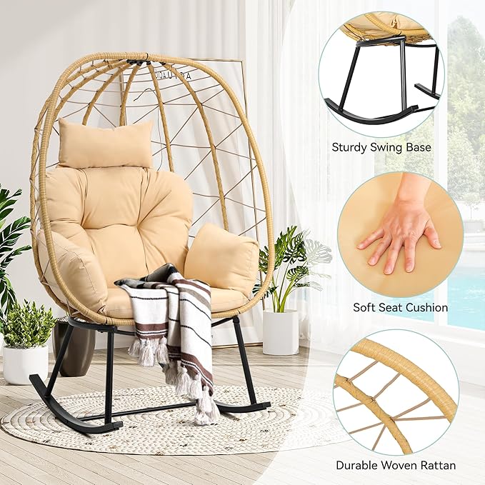 YITAHOME Wicker Rocking Egg Chair, Outdoor Patio Rocking Chair with Cushioned Comfort, 330lb Capacity, Anti-Slip, All-Weather Resilient Egg Lounger Chair for Indoor & Outdoor Relaxation Spaces, Beige