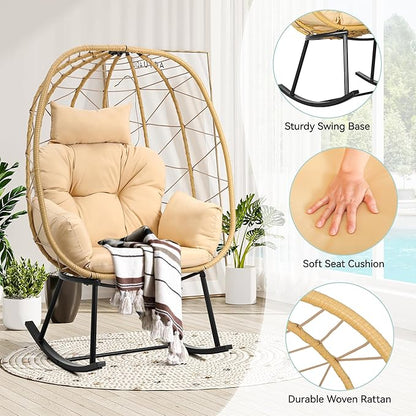YITAHOME Wicker Rocking Egg Chair, Outdoor Patio Rocking Chair with Cushioned Comfort, 330lb Capacity, Anti-Slip, All-Weather Resilient Egg Lounger Chair for Indoor & Outdoor Relaxation Spaces, Beige