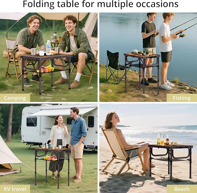 Anbte 2ft Camping Table Foldable with Storage Net, 3 Adjustable Heights 27.5" Aluminum Small Portable Table with Carrying Handle, for Outdoor Indoor Picnic Beach Party Travel, 24" X 16", Brown