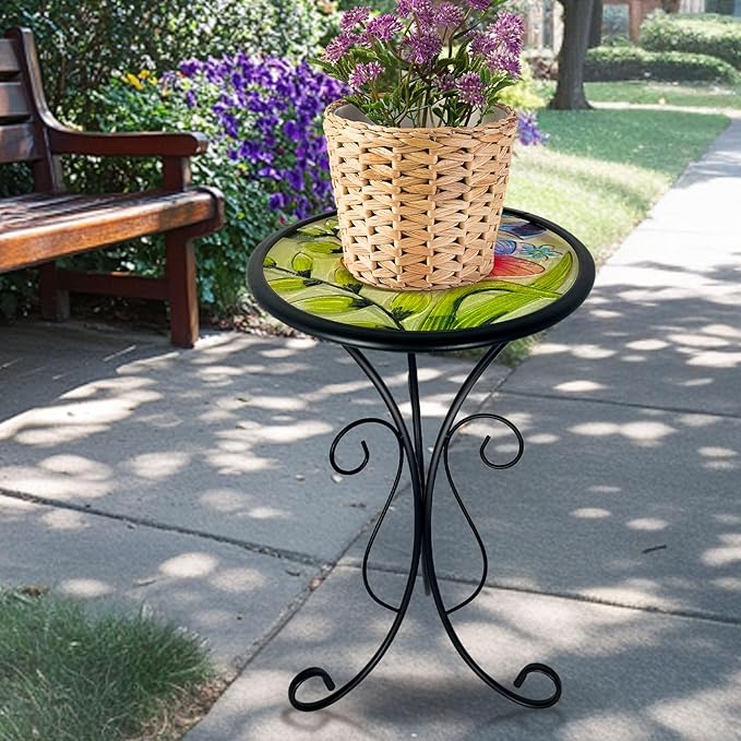 HONGLAND Outdoor Side Table, Small Outdoor Table, 12" Round Patio Side Table End Table, Glass Plant Stand, Small Bistro Coffee Table for Garden Patio Porch Living Room (Butterfly)