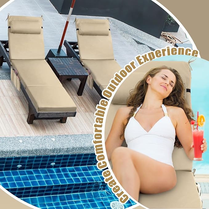 RattanView 2 Pcs Outdoor Chaise Lounge Cushion with Pillow and Side Pockets Waterproof Lounge Chair Cushions for - Photo 5