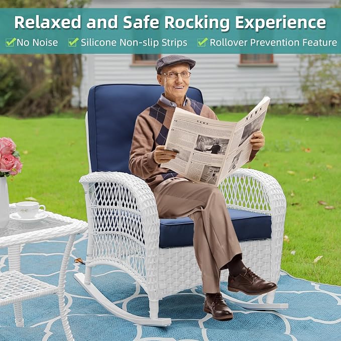 MEETWARM Outdoor Wicker Rocking Chairs Set of 2, Rattan Patio Rocker Chairs with Thick Cushions and High Back, All-Weather Patio Wicker Chair with Safe Rocking Design for Garden, White/Navy