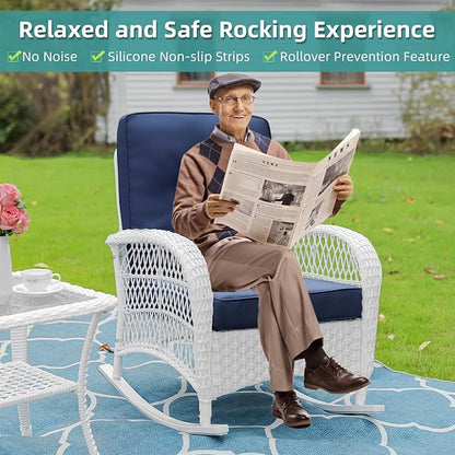 MEETWARM Outdoor Wicker Rocking Chairs Set of 2, Rattan Patio Rocker Chairs with Thick Cushions and High Back, All-Weather Patio Wicker Chair with Safe Rocking Design for Garden, White/Navy