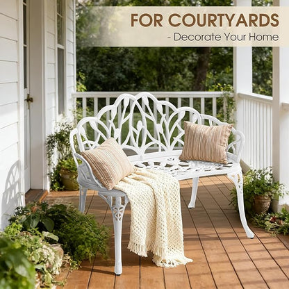 Outdoor Bench, Cast Aluminum Double Seating with Backrest and Armrests, Mental Outdoor Furniture for Patio, Porch, Garden, Park, White Tulip