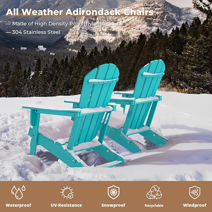 BRIOPAWS Folding-Adirondack-Chairs Set of 2 | HDPE Plastic | Fire Pit Chair | Cup Holder | Curved Back | All Weather| for Outdoor Backyard Deck Patio | Aqua