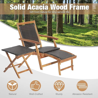 RELAX4LIFE Patio Chaise Lounge Chair Set of 3, Acacia Wood Folding Rattan Wicker Chairs w/Retractable Footrest, Side Table, 3-Piece Outdoor Patio Furniture, Fire Pit Deck Chairs Set for Porch Poolside