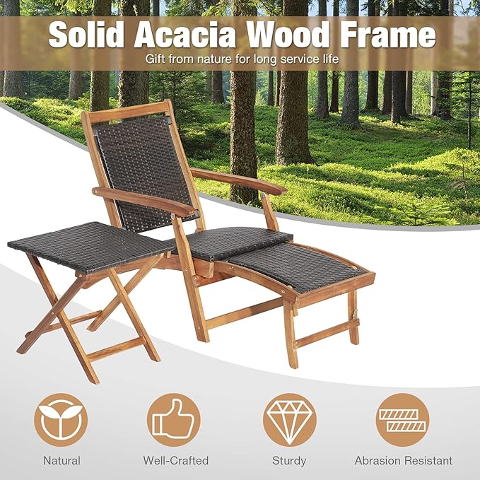 RELAX4LIFE Patio Lounge Chair Set - Outdoor Acacia Wood Chaise Lounge w/Side Table, Armrest & Retractable Ottoman - Photo 5