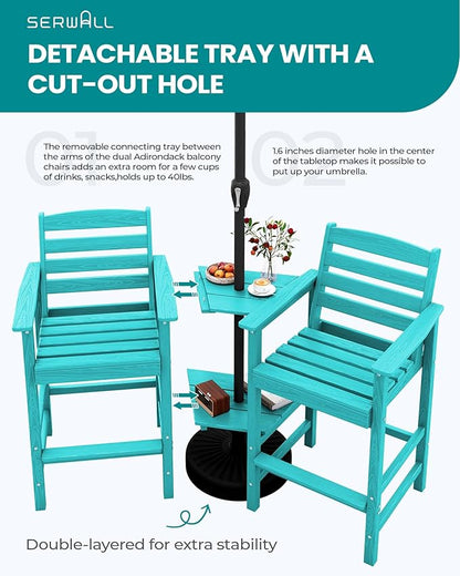 SERWALL Tall Adirondack Chairs Set of 2 with Connecting Table, All Weather Outdoor Barstools, Aruba Blue