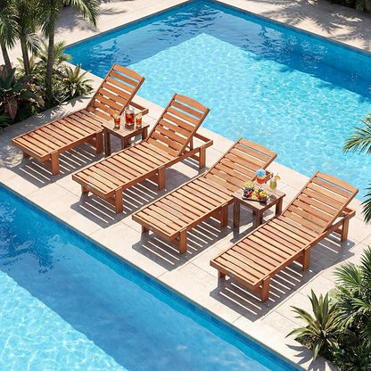 Tangkula Lounge Chair Outdoor, Solid Wood Patio Chaise Lounge with 5-Level Adjustable Backrest, Wooden Slatted Beach Pool Sunbathing Recliner for Outside Backyard, 500 LBS Max Load (1,Natural)