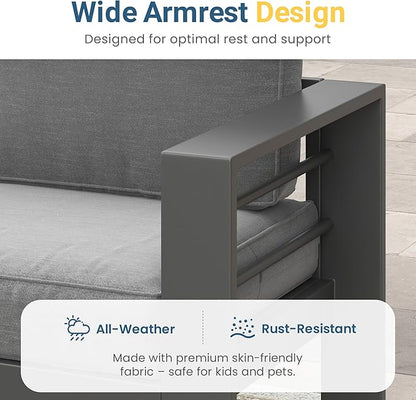 Solaste Aluminum Outdoor Patio Furniture Set, 4 Seats Patio Sectional Sofa with 5" Thick Cushion, Outdoor Patio Set with Coffee Table for Porch, Backyard, Deck, Yard, Grey