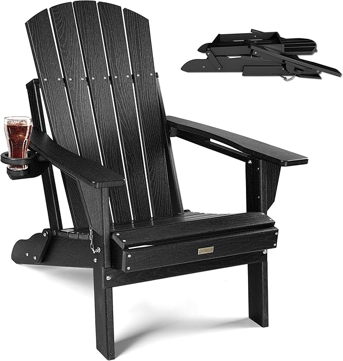 Adirondack Chair with Cup Holder: Folding Adirondack Chairs Plastic HDPE Material Furniture - Composite Fire Pit Chairs Foldable for Outdoor/Backyard/Garden/Lawn/Deck/Porch/Patio