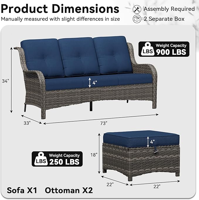 3-Piece Outdoor Couch Set, Include Wicker Patio Sofa with Thickened Olefin Cushions, High Back and Deep Seating, Hand-Woven PE Rattan and 2 Ottomans, Patio Conversation Set for Porch, Deck
