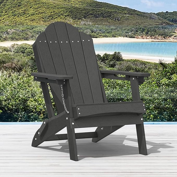 Foldable HDPE Adirondack Chairs Set of 2, Fire Pit, Backyard, Patio, Weather Resistant Outdoor Seating, Hidden Cup Holder, Black