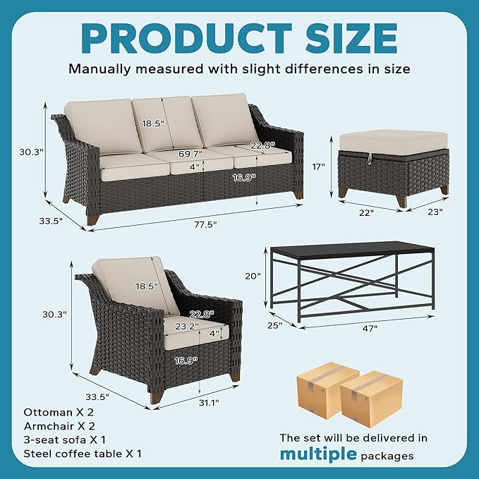 6 Pieces Outdoor Conversation Furniture Set - 77" Patio Sofa, 2 Armchairs, 2 Ottomans, 1 Metal Table - Photo 2