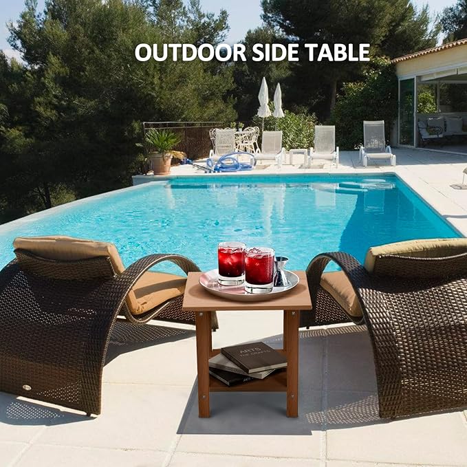 2 Tier Outdoor Side Table with Wood-Like Grain, 16.6" HDPE Adirondack Table Patio Side Table - Photo 2