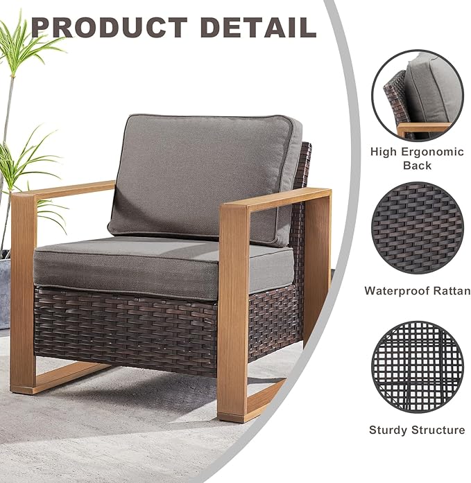 Rilyson Wicker Outdoor Patio Chairs Set of 2, Rattan Patio Furniture Chairs with Sturdy Frame,All-Weather PE Wicker,Wide Armrest,Deep Seating and Thick Cushions for Deck Porch Garden(Brown/Grey)