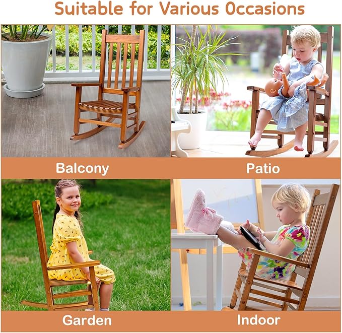 Outvita Wood Children's Rocking Chair, Perfect for Indoor or Outdoor All-Weather Wooden Porch Rocker for Garden, Yard, and Balcony, Patio Rocking Chair Suitable for Kids Ages 6-10(Natural)