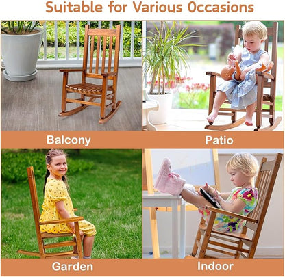 Outvita Wood Children's Rocking Chair, Perfect for Indoor or Outdoor All-Weather Wooden Porch Rocker for Garden, Yard, and Balcony, Patio Rocking Chair Suitable for Kids Ages 6-10(Natural)