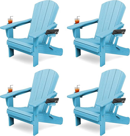 KINGYES Folding Adirondack Chair Set of 4, Dual Cup Holders & All-Weather HDPE, Wood-Like Patio Chair for Backyard, Camping, Pool & Fire Pit, Light Blue