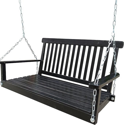 Bellemave Front Porch Swing Wood Hanging Bench with Armrests Outdoor Swing Chair with Chains, for Patio Backyard Poolside Garden Yard Sunroom, Easy to Assemble, Black Wood