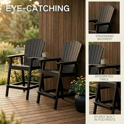 Kingdura Upgraded Tall Adirondack Chairs Set of 2, Weather Resistant HDPE Bar Height Outdoor Stools with Removable Double Connecting Trays, Wooden Grain for Patio, Balcony, Deck (Black)