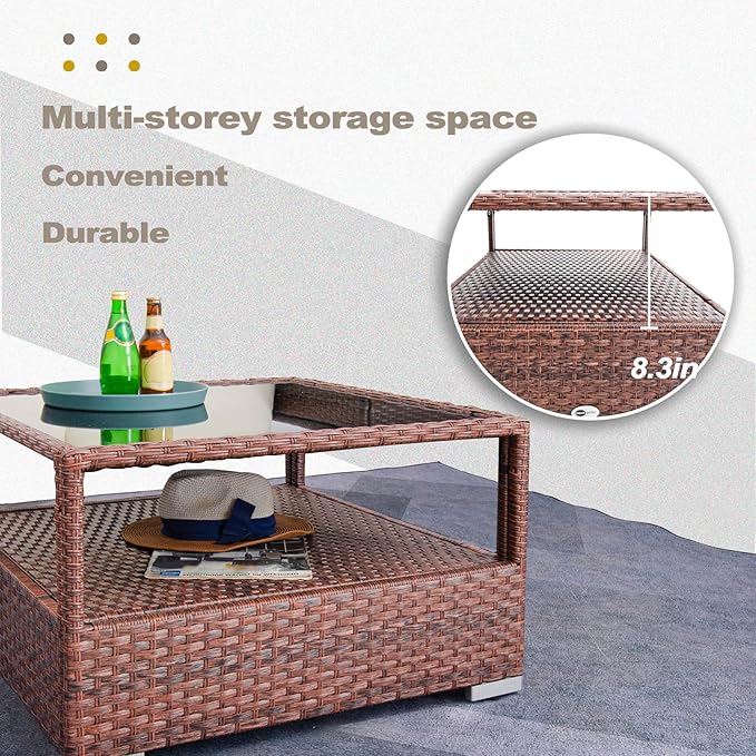 DIMAR GARDEN Outdoor Coffee Table Wicker Patio Rattan Side Table with Glass Top and Storage Shelf,29.5in Mixed Brown