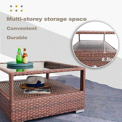 DIMAR GARDEN Outdoor Coffee Table Wicker Patio Rattan Side Table with Glass Top and Storage Shelf,29.5in Mixed Brown