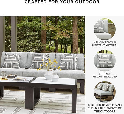 Signature Design by Ashley Beachloft Straight Coastal 3-Piece Outdoor Sectional with Removable Cushion, Light Gray & Black