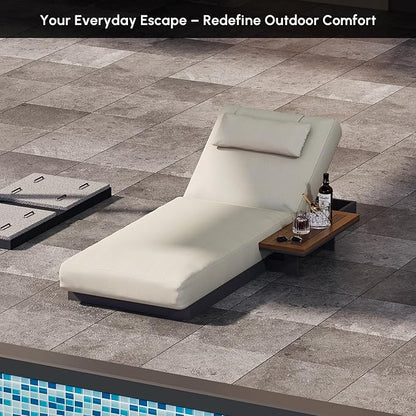 homary Modern Outdoor Lounge Chair, Patio Pool Lounger Outdoor Chaise with Beige Cushions & Built-in Side Table, Adjustable Backrest, Weather-Resistant Metal Frame