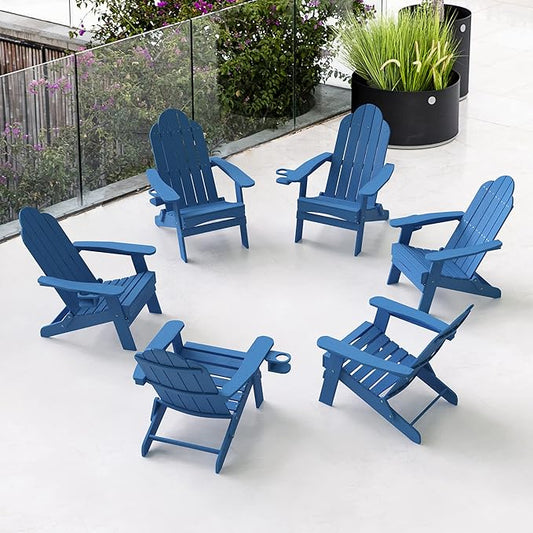 LUE BONA Folding Adirondack Chair Set of 6, HDPS Weather Resistant Outdoor Patio Chair for Balcony Garden, 350lbs Heavy Duty, One-Step No-Pin Folding, Wood Grain Texture, Fire Pit Seating, Navy Blue
