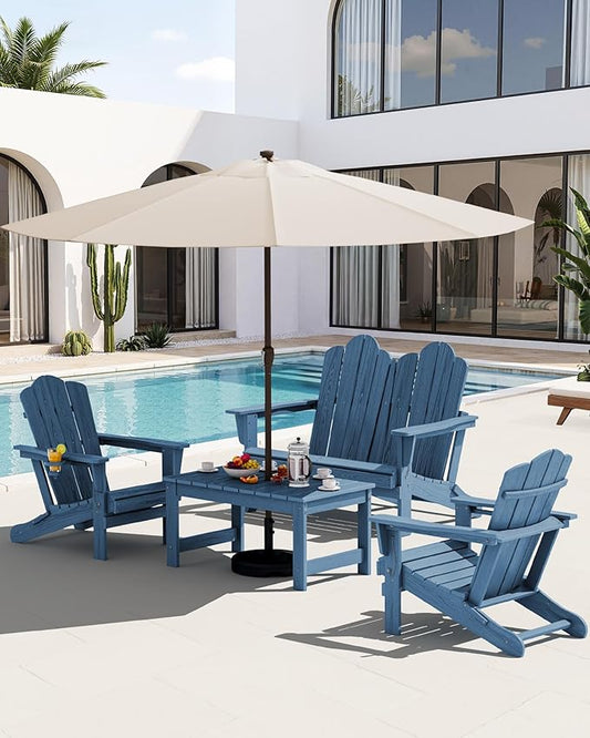 SERWALL 4 Pieces HDPE Patio Adirondack Chair Set, 2 Adirondack Chair with Cup Holder & 1 Adirondack Bench & 1 Coffee Table with Umbrella Hole, Navy