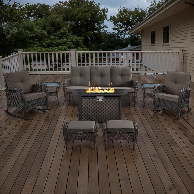 Belord Patio Furniture Set with Fire Pit Table - 8 Piece Outdoor Wicker Furniture Set with 43" 50000 BTU Propane Fire - Photo 2