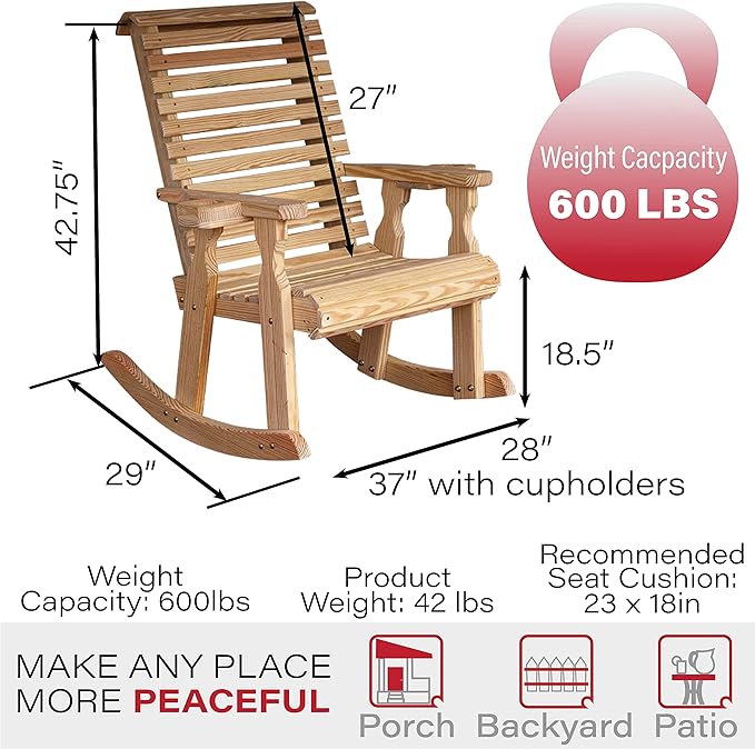 Amish Heavy Duty 600 Lb Roll Back Pressure Treated Rocking Chair with Cupholders (Unfinished)