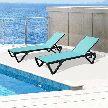 Domi Outdoor Lounge Chair Set of 2, Aluminum Patio Chaise Lounge with 5 Position Adjustable Backrest and Wheels, All Weather Reclining Chair for Patio, Lake Blue