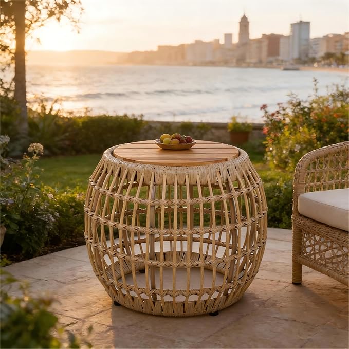 Merax Bohemian Round Outdoor Side Table with Acacia Wood Top and Wicker Base, Boho Rattan Coffee Table for Garden, Pool, Deck, Balcony, Yard, Patio, Light Brown