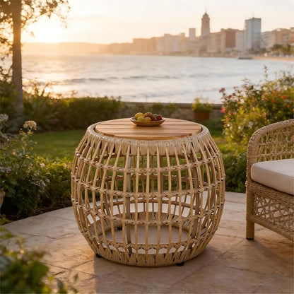 Merax Bohemian Round Outdoor Side Table with Acacia Wood Top and Wicker Base, Boho Rattan Coffee Table for Garden, Pool, Deck, Balcony, Yard, Patio, Light Brown