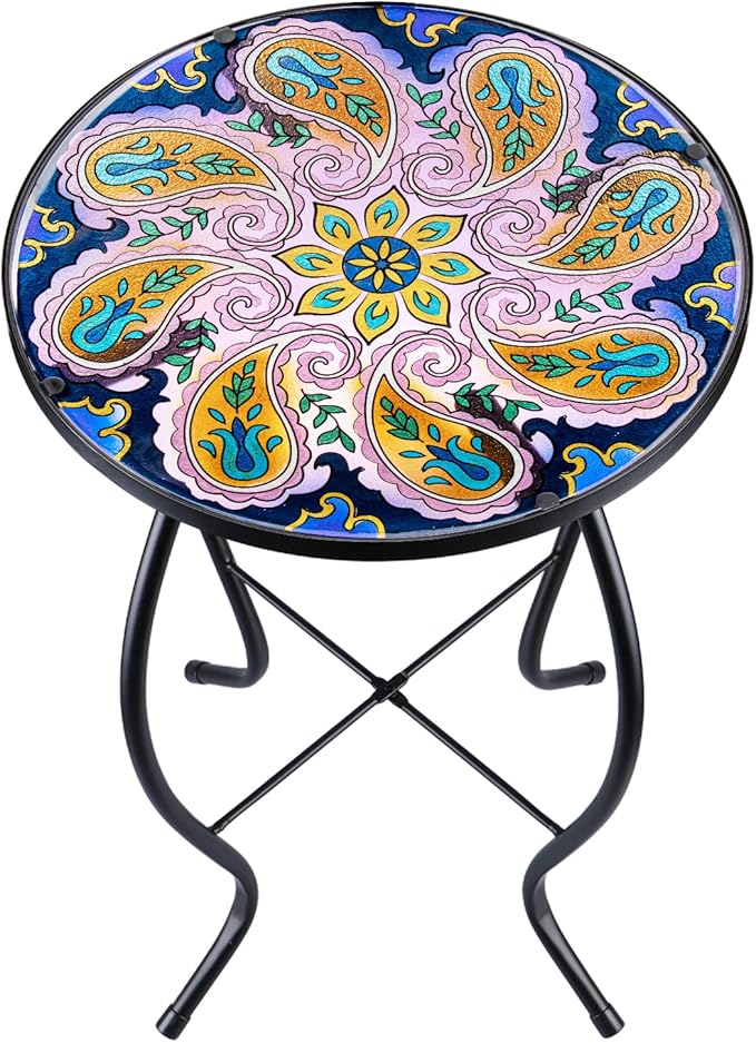 VCUTEKA Outdoor Side Table Mosaic End Table Patio Side Table Small End Table Glass Top Round Balcony Coffee Table Porch Indoor Glass Top