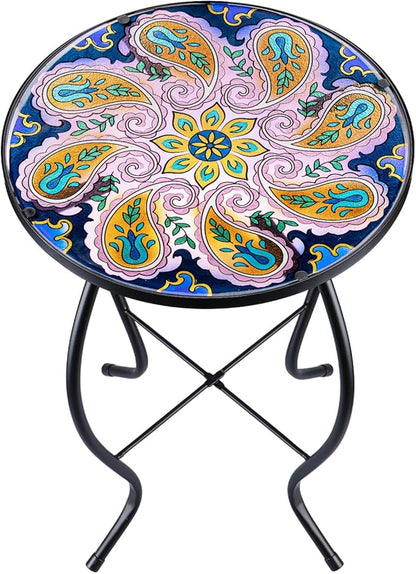 VCUTEKA Outdoor Side Table Mosaic End Table Patio Side Table Small End Table Glass Top Round Balcony Coffee Table Porch Indoor Glass Top